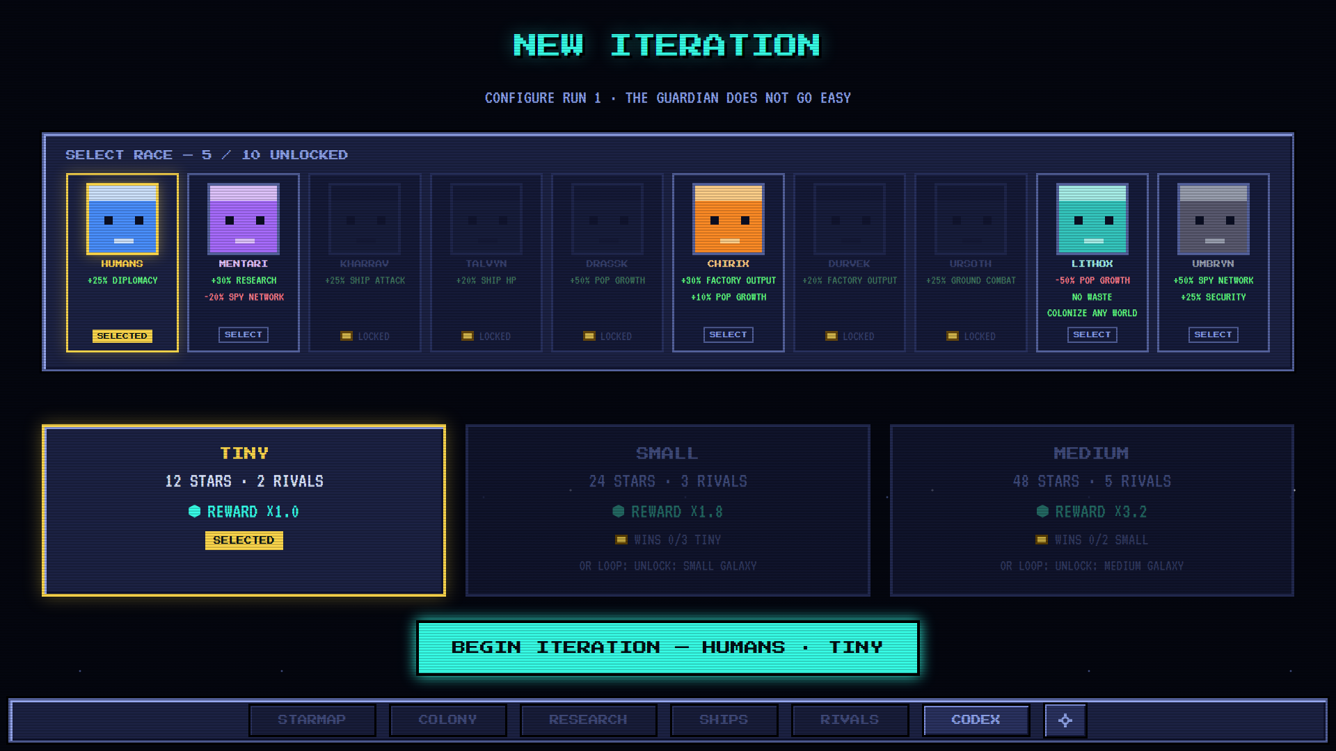 the ten species on the new-run screen, each stating its kit