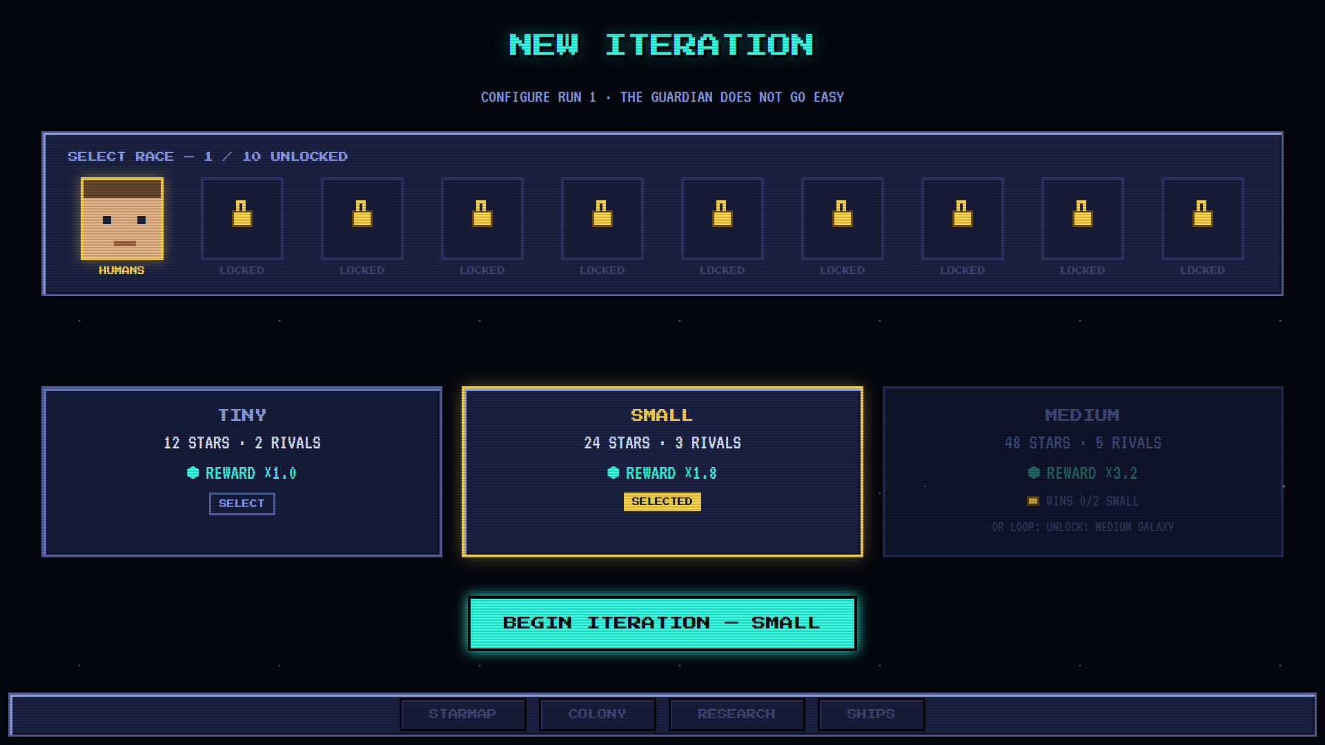the new-run galaxy picker, MEDIUM still locked