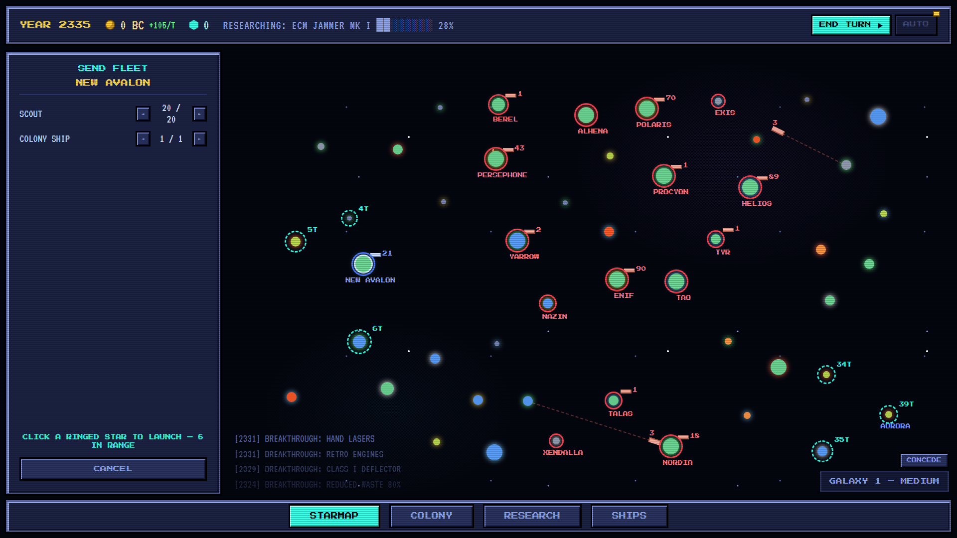the ship picker open, every reachable star ringed with its travel time