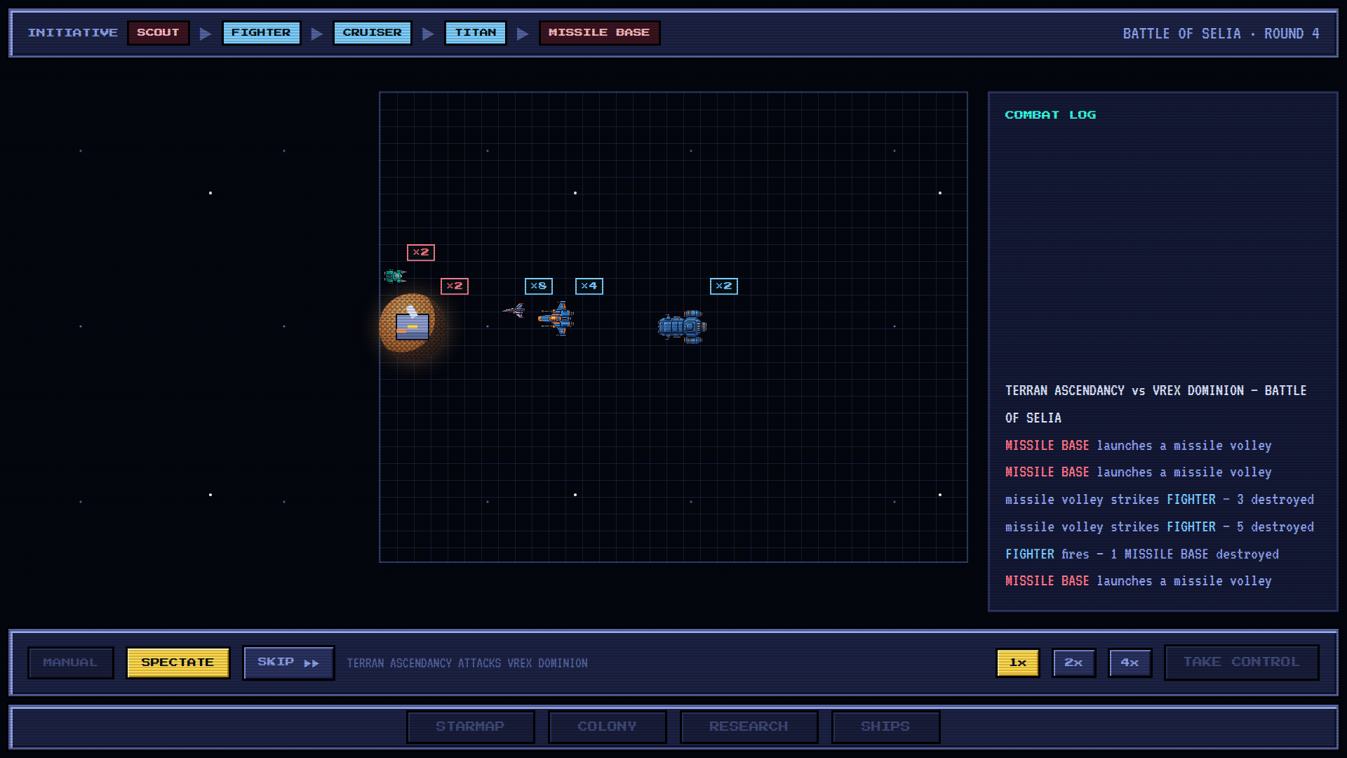 a battle in progress — hulls occupying real space on the grid