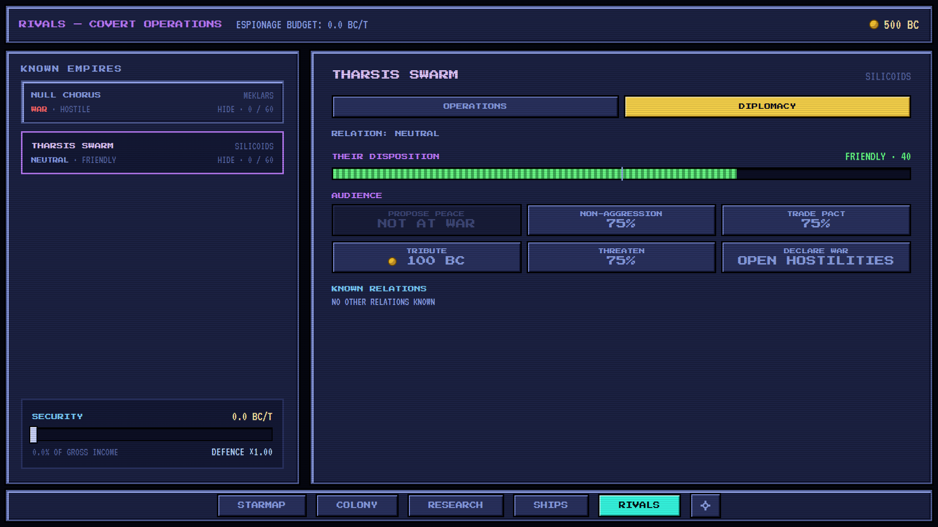 the DIPLOMACY tab — disposition, odds and the audience verbs