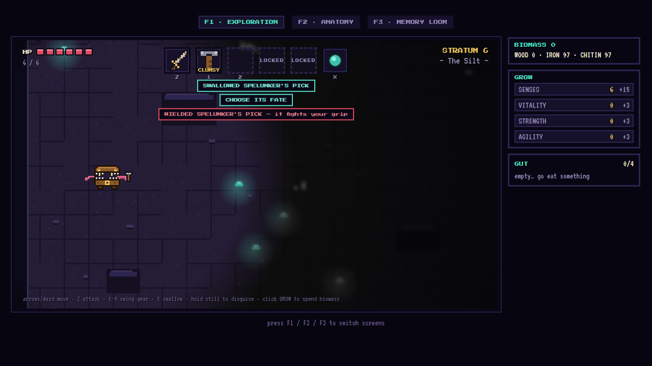 Appendages are weapon slots: one armed, one open, two still locked