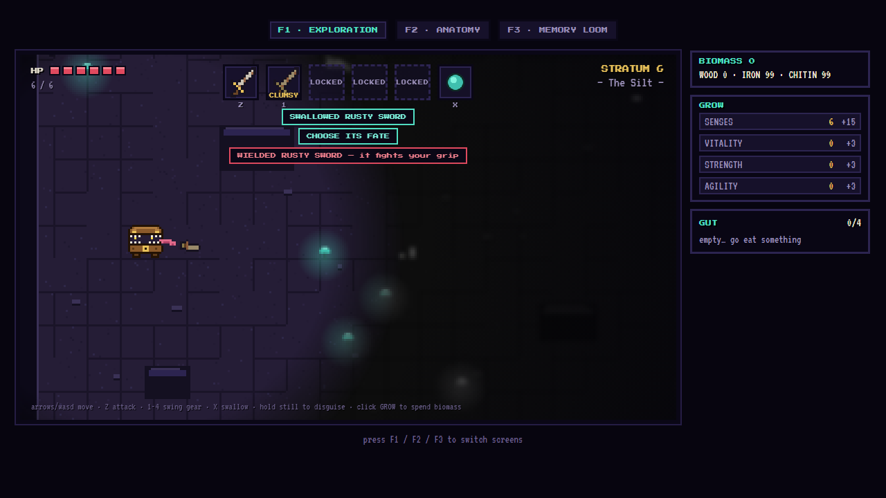 A rusty sword mid-swing, held in a pseudopod — and swinging clumsy