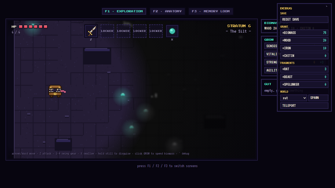 For testers: press ` for the debug panel — reset your save, grant resources, spawn anything, teleport by clicking