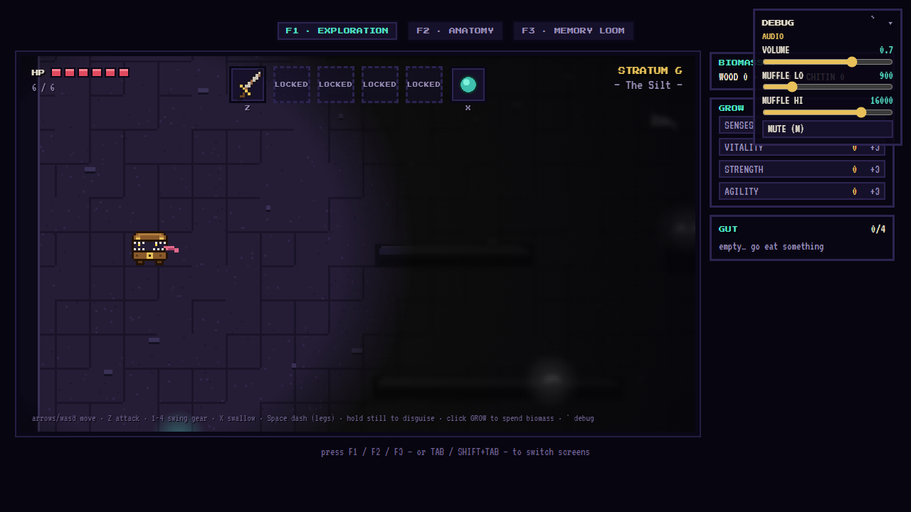 For testers: master volume and both ends of the sense-muffle sweep, live in the debug bar