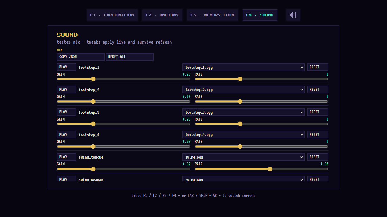 For testers: every sound in the game with its own sliders and alternate takes